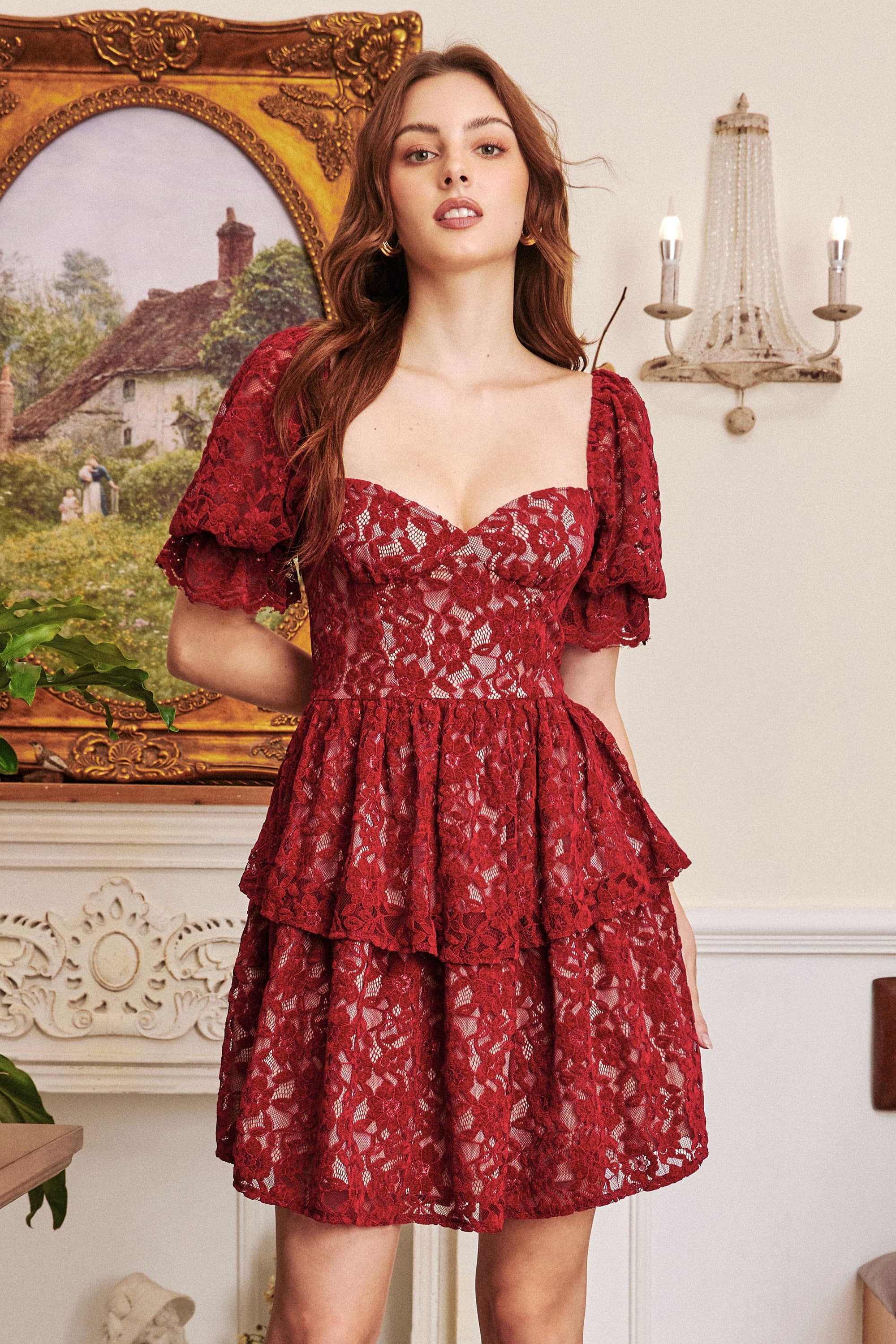 Maggi Sweetheart Lace Dress in Red